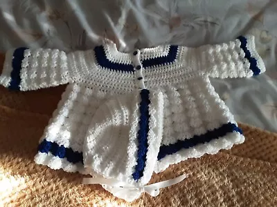 A New Hand Crochet Baby Boy Cardigan &hat Set White &  Cobalt Blue 6 - 12 Months • £6.50
