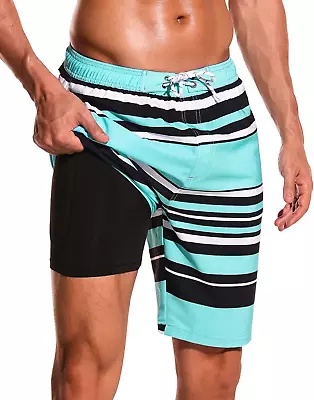 Mens Swim Trunks With Compression Liner 9  Beach Board Shorts Men 2 In 1 Quick D • $49.35