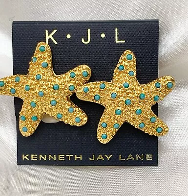 Signed KJL Kenneth Lane Gold Tone Faux Turquoise Starfish Clip On Earrings • $75