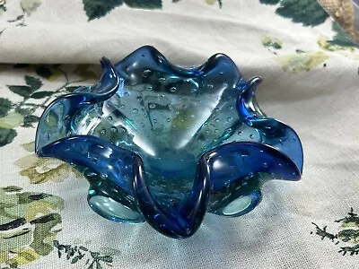 VINTAGE 1960s Blue Bullicante Controlled Air Bubble Murano Art Glass Bowl Dish • £30