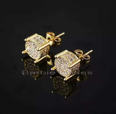 Exquisite Micro Pave 14K Gold Plated Shiny Cubic Zirconia Men Women Stud Earring • $9.85