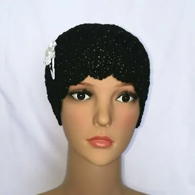 £9.99 • Buy Crochet Cloche Hat 1920 Vintage Style Ladies One Size Black Shimmer Handmade