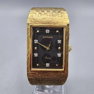 VTG Wittnauer Tank Watch Men Gold Tone Black Dial 25mm Rectangel Diamonds NewBat • $99.99