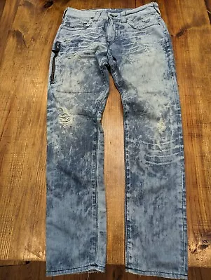 True Religion Mens 30 Mick Slouchy Skinny Distressed Zip Pocket Holes Blue Jeans • $44.50