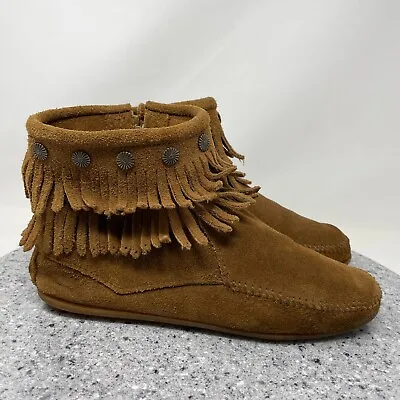 Minnetonka Boots Womens 9 Brown Leather Suede Double Fringe Zip Booties • $33.15