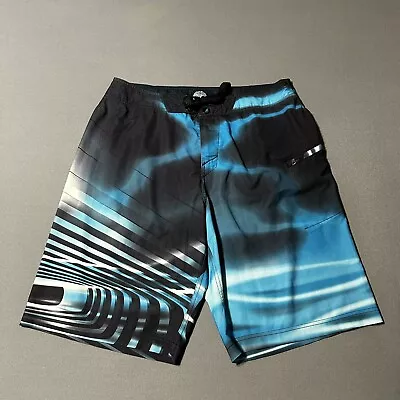 Oakley Board Shorts Mens 33 Black Blue Striped Performance Swim Trunks • $37.50