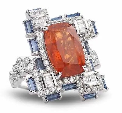 8.21CT Mandarin Orange Garnet Blue Sapphire & Shiny White CZ Unique Design Ring • $260