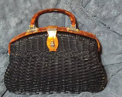 Vintage Woven Wicker &Bakelite Purse Beautiful Handbag Made In British Hong Kong • $95