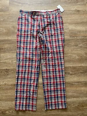 NWT Ralph Lauren LRL Pants Men's 33 X 30 Red Plaid Cotton Straight Trouser • $80