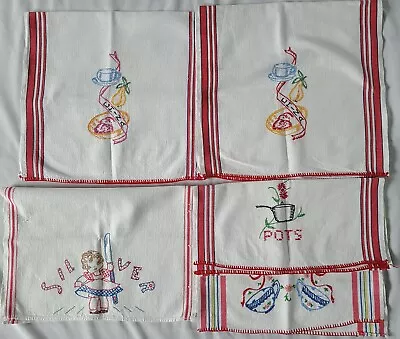 5 Vintage Embroidered Cotton Kitchen Tea Towels Pots China Silver Tea Cups • $14.99