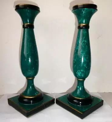 Vintage Candle Holders Italian Artisan Hand Painted Faux Malachite Candlesticks • $37.99