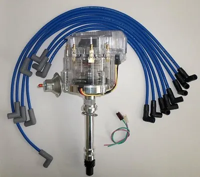 SMALL BLOCK CHEVY Clear HEI Distributor & BLUE SPARK PLUG WIRES Over Valve Cover • $119.95