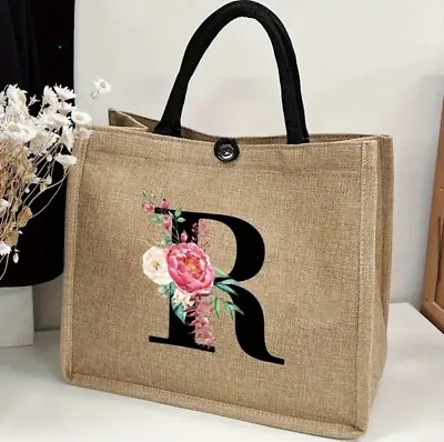 NEW Brown Burlap Personalized Letter R Tote Carryall Reusable Shopping Bag Purse • $32.30