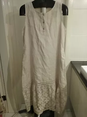 VALENTINA NALDI Long Linen Dress XL Beige Cotton Broderie Lace Made In Italy • $55