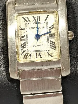 Vintage Perry Ellis Silver Tone Square Face Stainless Steel Band Watch 6 Inch • $20.65