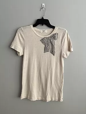 J Crew L “RINGSPUN COTTON SILK-APPLIQUÉ CRITTER TEE” Grey Bow Champagne T Shirt • $36.99