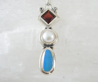 Artisan Sterling Silver Blue Fire Opal Mabe Pearl Pendant Necklace • $37.99