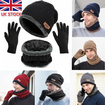 3pcs Set Mens Girl Beanie Hat And Neck Scarf Knitted Gloves Set Winter Warmer • £9.39