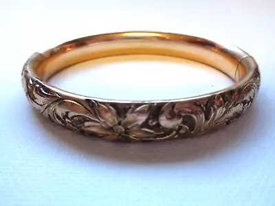 Vintage Signed Simmons Gold Filled Floral Etched Embossed Hinged Bangle Bracelet • $65