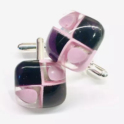 Pink & Purple Square Murano Glass Millefiori & Silver Cufflinks. • £15