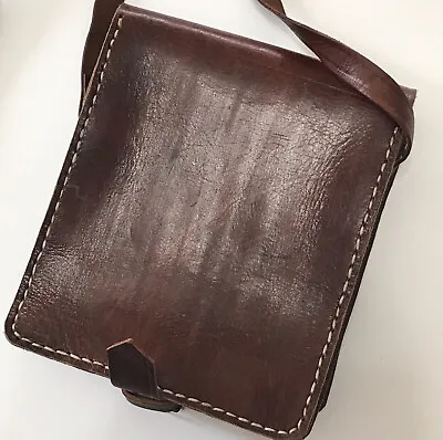 Vtg Handmade Brown Leather Pouch W Flap Buckle Close BOHO Crossbody Shoulder Bag • $24.99