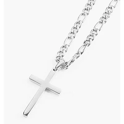 FZTN Jewelry White Gold Flat Figaro Chain Necklace With Cross Pendant For Men 18 • $42.63