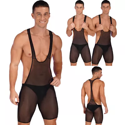 US Men Sheer Mesh Bodysuit Breathable Stretchy Boxer Jumpsuits Wrestling Singlet • $9.99