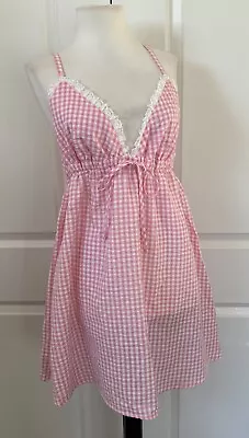 Vtg VICTORIA'S SECRET COUNTRY Sz L Pink Gingham Lace Trim Babydoll Nightgown • $124.99