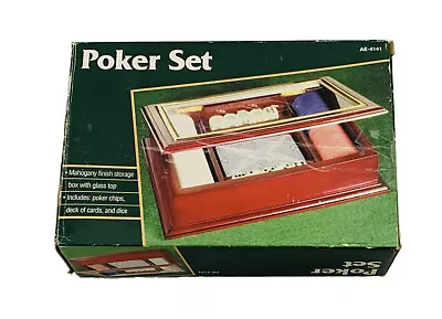 Vintage Poker Set- Mahogany Case W/ Glass Top Deck Of Cards Poker Chips Dice • $24.95