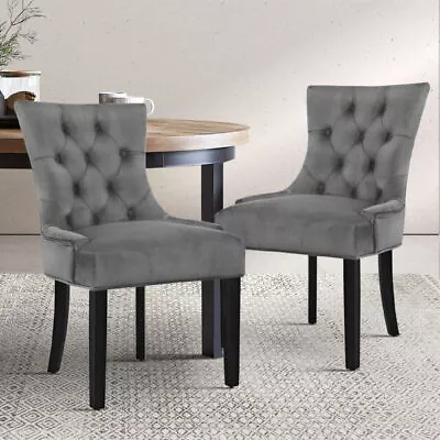 2x Dining Chairs French Provincial Retro Chair Wooden Velvet Fabric Grey • $237.63
