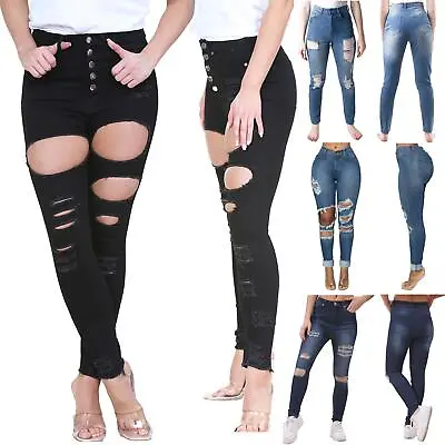 Womens Ladies Plain Distressed Knee Cut High Waist Skinny Ripped Denim Jeans • £11.99