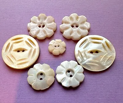 Vintage Small Medium Large Carved Mother Of Pearl Buttons; Flowers & Fish Eyes • $8.75