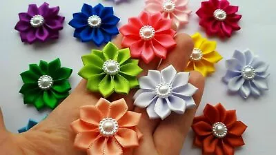 5 X Self Adhesive Satin Ribbon Flowers Bows Appliques Craft DIY Wedding Decor  • £3.99