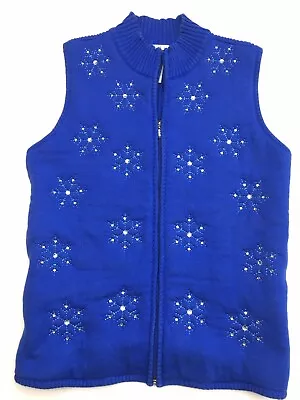 Quacker Factory Quilted Vest Womens L Blue Full Zip Rhinestone Snowflake  • $13.91