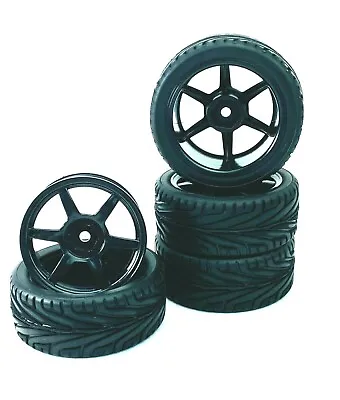 $12.79 • Buy 4x 1:10 Low-Profile RC Car Tire Set 12mm HEX Black Rim Race Wheels For HSP HPI