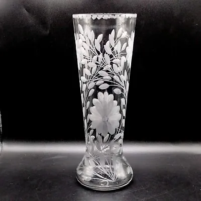 Glass Vase Etched Floral 9.5  Hand Blown Bulb Based Vintage 1930s • $24