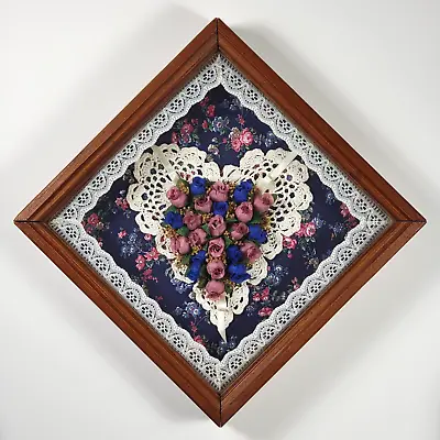 Vintage 1960s Shadow Box Framed Lace And Crocheted Heart Doily W/ Silk Flowers • $48