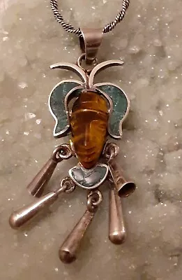 Sterling Silver Mayan Aztec Warrior Tiger Eye Turquoise Pendant 18  Necklace 925 • $80.99