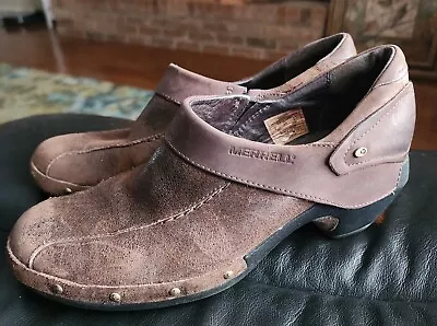 Merrell Womens Brown Espresso Leather Luxe Wrap Studded Clogs Mules Sz 8 • $25