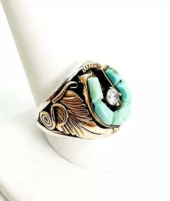 S.Ray Sterling Silver 925 14K Turquoise Horseshoe CZ Men's Ring O220 • $225