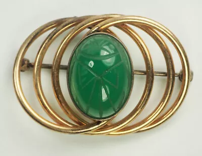 Vintage Modern Symmetalic Sterling Silver 14k Gf Jade ? Green Scarab Pin Egypt • $45
