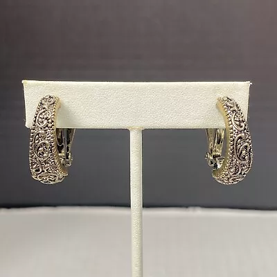 Vintage Clip On Earrings Half Hoop Two Tone Raised Design 1  Long • $9.99