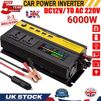 6000W Car Power Inverter Converter DC 12V To AC 220V 4 USB 2 UK Socket Sine Wave • £30.99