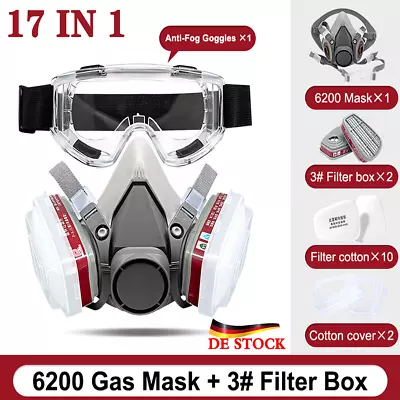 6200 Half Face 17 IN 1 Gas Mask Chemical Vapor Paint Spray Respirator + Filter • £8.99