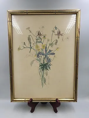 Vintage Mary Lou Gourtzen Fuchsias With Iris Floral Litho Wood Faux Bamboo Frame • $40