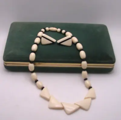 Vintage Mid-Century Cream & Black Lucite Bead Necklace & Clip On Earrings Set • $6.95