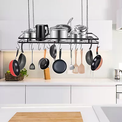 Modern Hanging Pot Holder Pan Hanger Kitchen Ceiling Rack With 12 Hooks Black • $37.05