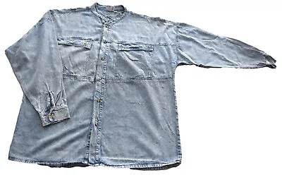 Mens Vintage 80s Band Collar Acid Wash Blue Denim Shirt Retro XL 46  • £4.95