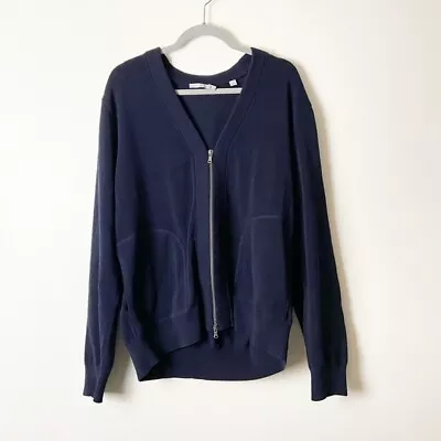 Vince Sz XL Men Zip V-Neck Cardigan Knit Navy Blue Pockets 100% Cotton Sweater • $38.99