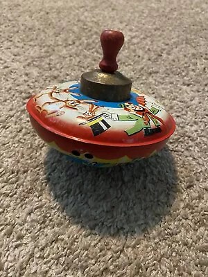 Vintage J Chein & Co Tin Metal Spinning Toy Circus Clown Rabbit Duck Wooden Top • $14